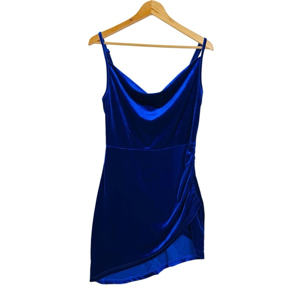 Double Crazy Cowl Neck Ruched Velvet Stretchy Bodycon Cami Mini Dress Blue M - Picture 6 of 13